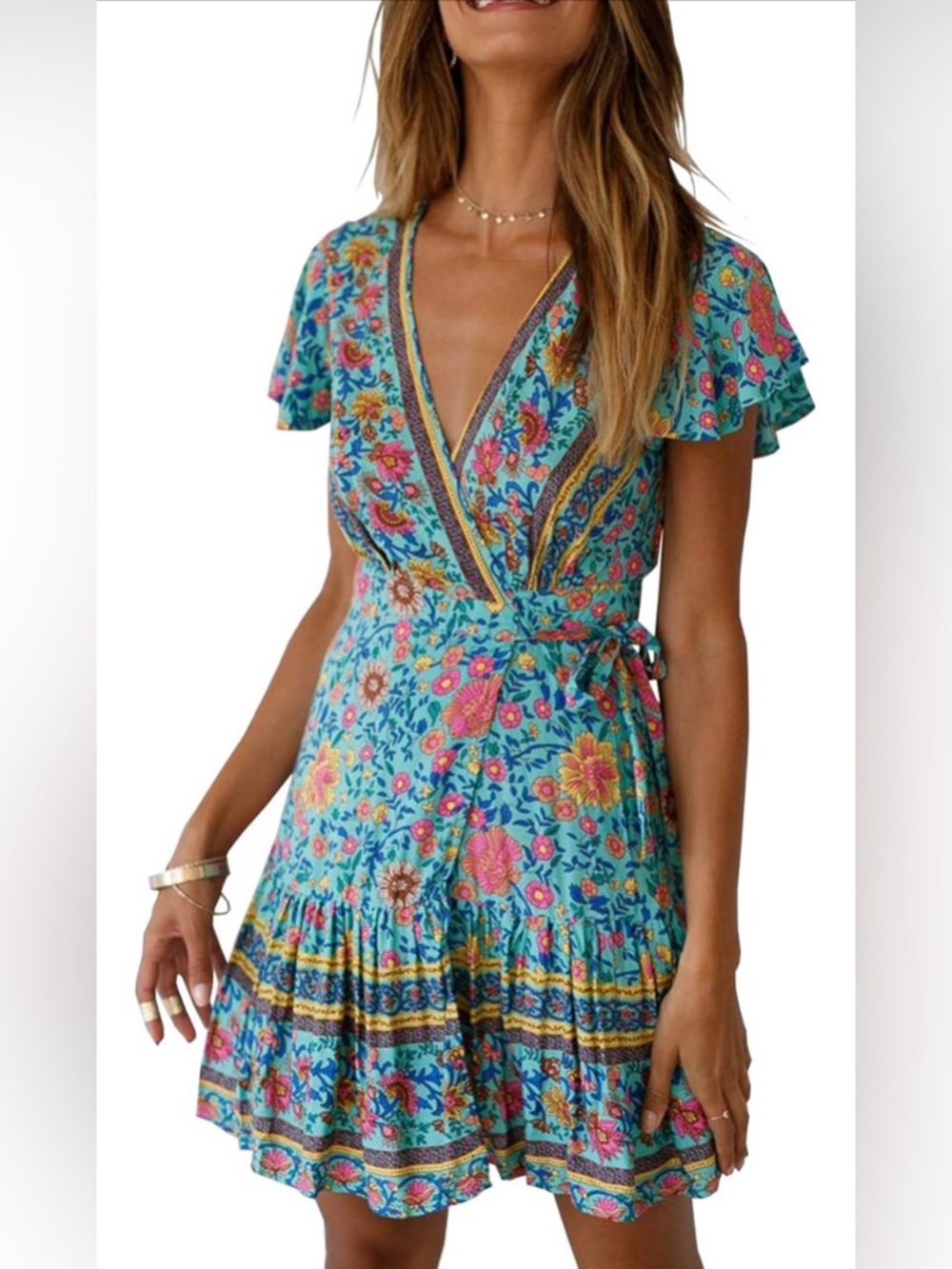 ZESICA Floral Wrap Mini Dress – XS, Like New